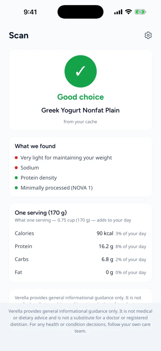 A Verella result screen showing a Good choice verdict with the reasons listed underneath